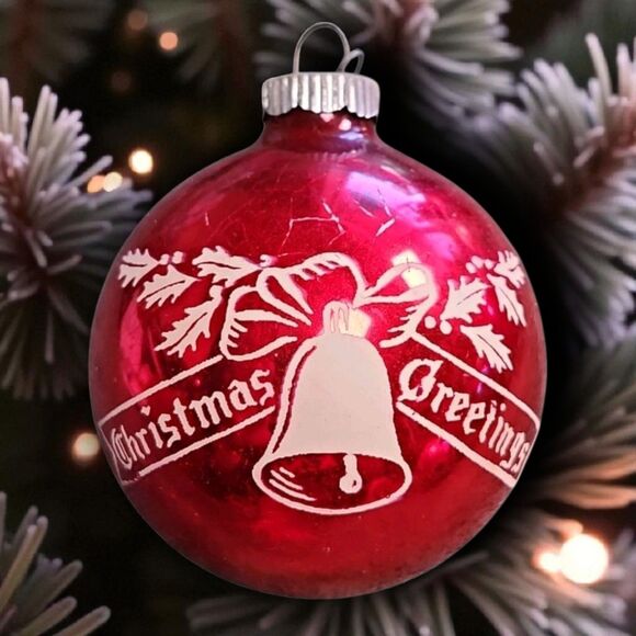 Vintage Shiny Brite Red Glass Christmas Ornament Stenciled “Christmas Greetings” - Picture 1 of 4